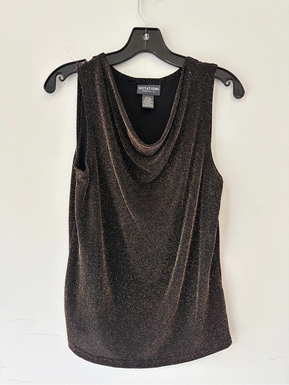 Vintage Notations Drape Neck Metallic Tank Top in Black & Gold Size Small